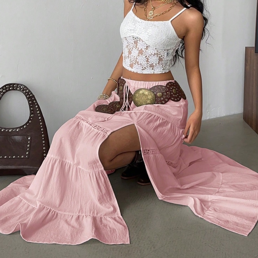 Boho Stretchy Waist lace Insert Split Thigh Maxi Skirt - Picture 3 of 8